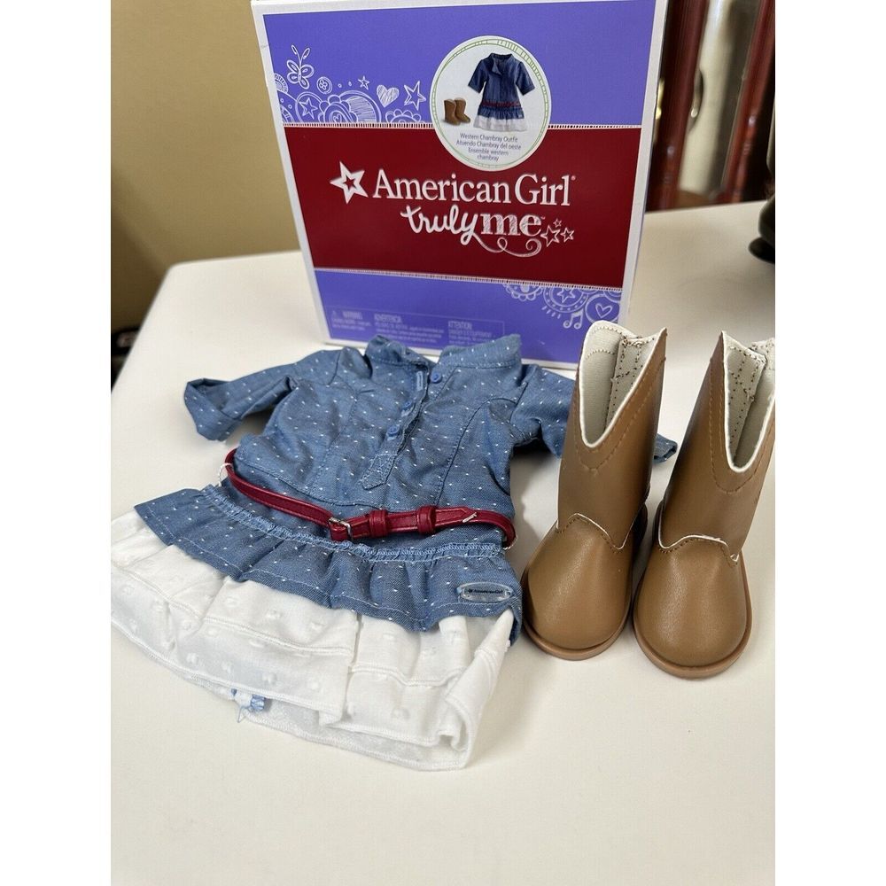 New American Girl Doll Western‎ Chambray Outfit Truly Me Dress Boots Belt NIB